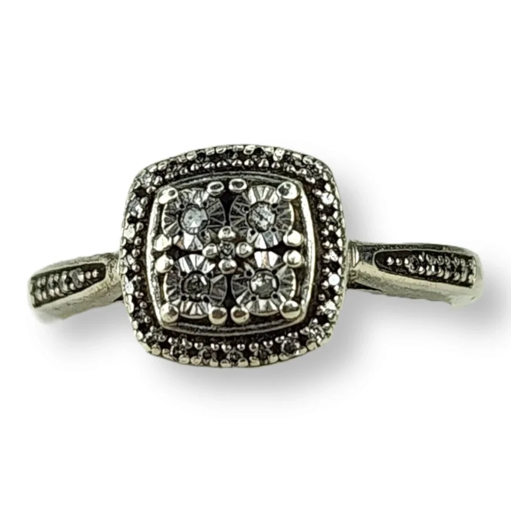 SK Ring Sterling Silver Size 6.5 Silver Square Halo Diamond Engagement Style 925
